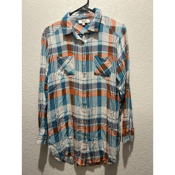 Entro Blue Plaid Flannel Button Up Blouse Tunic Rayon Size Large Lightweight - Picture 1 of 8